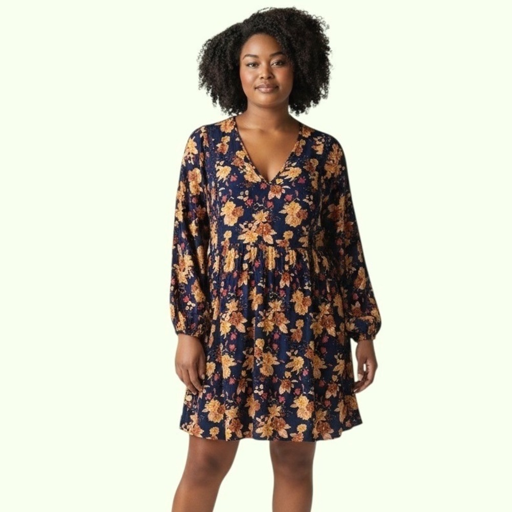 Rusttydustty Floral Babydoll Dress 2XL‎ Navy Orange Lace Trim Boho Cottagecore